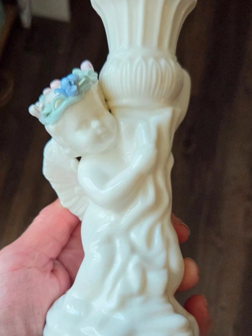 White Porcelain Cherub Candlestick Decor with Pastel Floral Crown